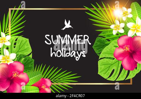 Summer tropical background with flowers and palm leaves in golden frame. Vector illustration Stock Vector