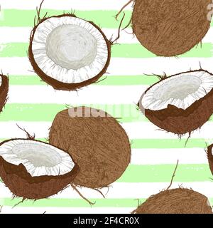 Seamless pattern with coconuts and green palm leaves on a white background. Vector illustration Stock Vector