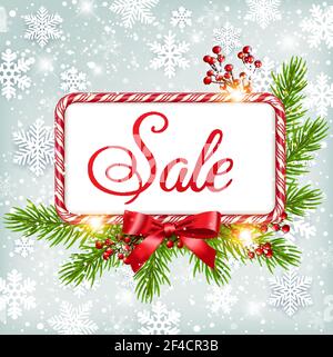 Christmas and Ney Year greeting card with green fir branches, red bow and candy frame. Seasonal winter sale background. Vector illustration Stock Vector