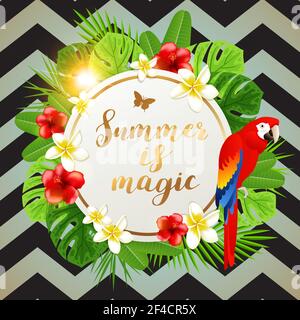 Summer banner with tropical flowers, green palm leaves and red parrot on a black striped background. Vector illustration Stock Vector