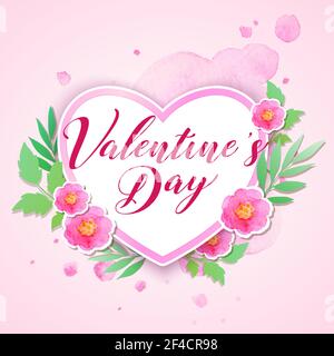 Watercolor pink flowers and green leaves on a pink background. Greeting card for Saint Valentine&rsquo;s day with heart. Vector illustration. Stock Vector