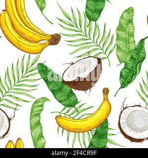 Hand drawn tropical seamless pattern with yellow bananas, coconuts and green leaves. Vector background Stock Vector