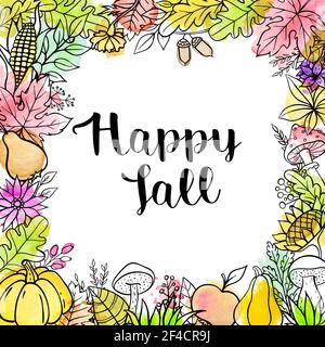 Hand drawn vector doodle autumn background with pumpkins, fruits, leaves and mushrooms. Seasonal floral frame with watercolor texture Stock Vector