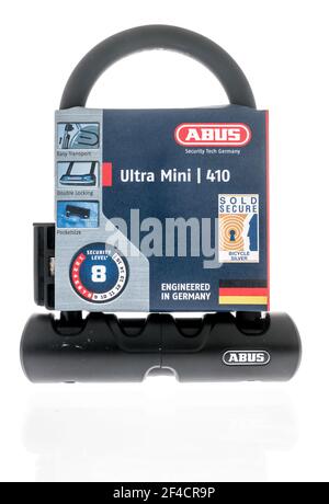 Winneconne, WI - 19 March 2021: A package of Abus ultra mini bike lock on an isolated background Stock Photo