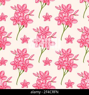 Tropical seamless pattern with pink flowers. Hand drawn vintage vector background. Stock Vector