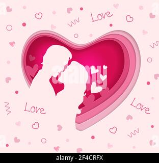 Vector cut out of paper pink heart with couple in love. Romantic Valentine background with man and woman. Holiday greeting card Stock Vector