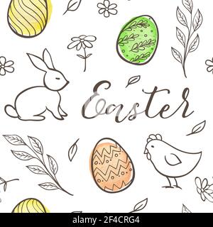 Hand drawn doodle Easter seamless pattern with eggs, chicken and rabbit on a white background. Vector illustration. Stock Vector