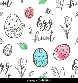 Hand drawn doodle Easter seamless pattern with eggs and flowers on a white background. Vector illustration. Stock Vector