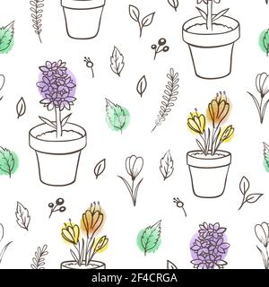 Hand drawn doodle spring floral seamless pattern with leaves and flowers in pots. Decorative vector background Stock Vector