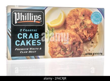 Winneconne, WI - 19 March 2021: A package of Phillips crab cakes on an isolated background Stock Photo