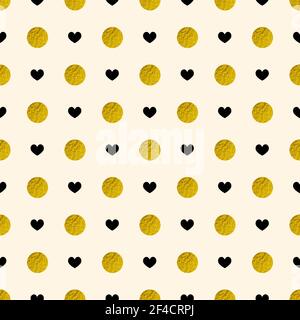 Decorative festive seamless pattern with golden circles and black hearts. Vector background for Valentine&rsquo;s day Stock Vector