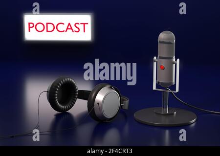 Condenser microphone, headphones and sign with the text 'podcast' on a dark blue background. 3d illustration. Stock Photo