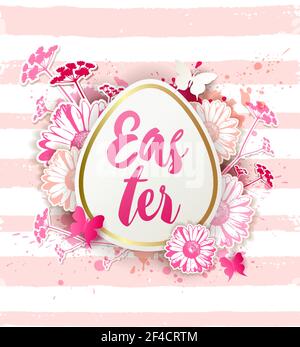 Decorative Easter egg with red and pink daisy flowers. Festive floral background. Vector illustration. Holiday greeting card. Stock Vector