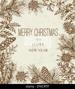 Vintage Christmas greeting card with evergreen plants and flowers. Decorative background for Christmas and new year. Hand drawn vector floral frame. Stock Vector