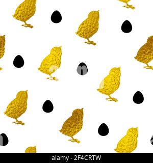 Easter seamless pattern with golden chicken and eggs. Vector illustration. Decorative festive background Stock Vector