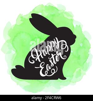 Holiday Easter background with black silhouette of rabbit on a green watercolor background. Vector illustration. Stock Vector