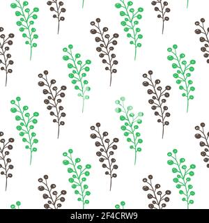 Hand drawn doodle green spring floral seamless pattern with flowers. Decorative vector background Stock Vector