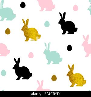 Easter seamless pattern with multicolored rabbits and eggs on a white background. Vector illustration. Stock Vector