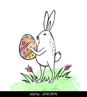 Holiday Easter greeting card with rabbit and egg on a green watercolor background. Hand drawn vector illustration. Stock Vector