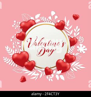 Red hearts, white paper cut flowers and round banner on a pink background. Greeting card for Saint Valentine&rsquo;s day. Vector illustration. Stock Vector