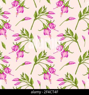 Tropical seamless pattern with pink fuchsia flowers. Hand drawn vintage vector background. Stock Vector