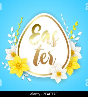 Decorative Easter egg with white and yellow narcissus flowers on a blue background. Vector illustration. Holiday greeting card. Stock Vector