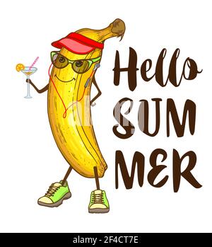 Cute cartoon banana fruit with cocktail and music player. Hand drawn summer tropical illustration Stock Vector