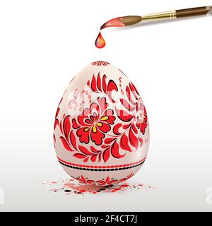 Hand painted decorative Easter egg with red floral ornament and paintbrush. Ukrainian traditional folk painting art style. Realistic vector illustration. Stock Vector