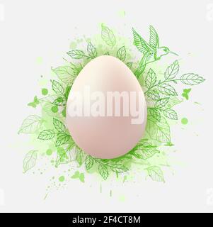 Decorative Easter greeting card with egg, green leaves and bird. Festive background. Vector illustration. Holiday greeting card. Stock Vector