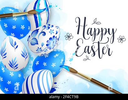 Hand painted blue Easter eggs and paintbrush on watercolor background. Russian folk painting art style Gzhel. Vector illustration. Happy Easter lettering Stock Vector