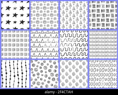 Set of abstract black and white doodle seamless patterns. Hand drawn vector backgrounds. Stock Vector