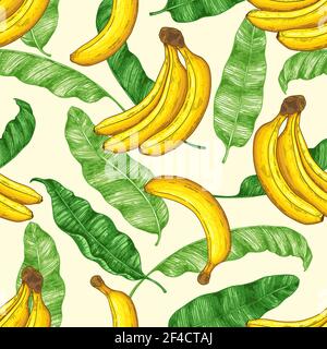 Hand drawn tropical seamless pattern with yellow bananas and green banana leaves. Vector background Stock Vector