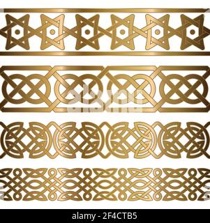 Set of golden oriental geometrical seamless borders. Decorative design elements. Vector illustration. Stock Vector