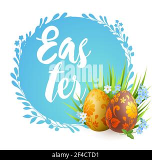 Decorative orange Easter eggs, blue spring flowers and green grass. Festive background. Vector illustration. Stock Vector