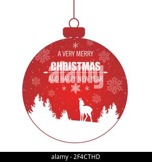 Red Christmas decoration with deer and winter snowy landscape. New Year greeting card. Festive vector background Stock Vector