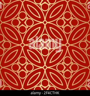 Decorative abstract geometrical golden seamless pattern on a red background. Traditional oriental ornament. Vector illustration. Stock Vector