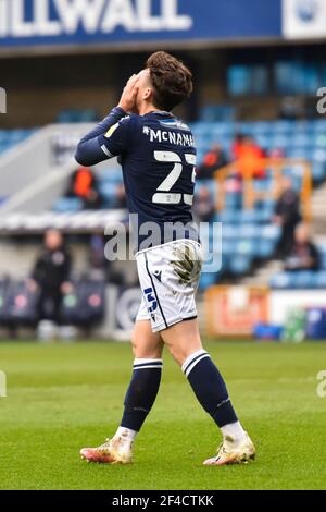LONDON, UK. MARCH 20TH: Dan McNamara of Millwall frustrated after missing a chance during the Sky Bet Championship match between Millwall and Middlesbrough at The Den, London on Saturday 20th March 2021. (Credit: Ivan Yordanov | MI News) Credit: MI News & Sport /Alamy Live News Stock Photo
