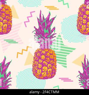 Tropical vector seamless pattern with pineapples. Retro style with vibrant colors. Stock Vector