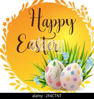 Decorative Easter eggs, blue spring flowers and green grass.  Festive background. Vector illustration. Happy Easter lettering. Stock Vector