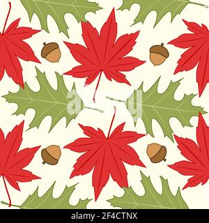 Autumn seamless pattern with red and green maple leaves. Seasonal vector background Stock Vector