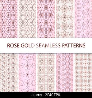 Set of decorative abstract floral seamless patterns in rose gold colors. Traditional oriental ethnic backgrounds. Vector illustration. Stock Vector