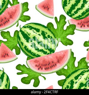 Summer tropical seamless pattern with sweet  juicy watermelon and green leaves on a white background. Vector illustration Stock Vector