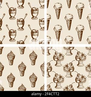 Vintage seamless patterns with different ice cream. Hand drawn vector backgrounds Stock Vector
