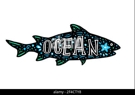 Black silhouette of shark on a white background and lettering. Nature and sea life concept. Hand drawn vector illustration Stock Vector