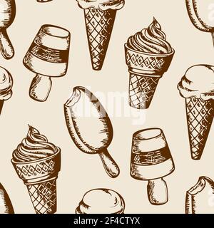 Vintage hand drawn seamless pattern with different ice cream. Vector illustration Stock Vector