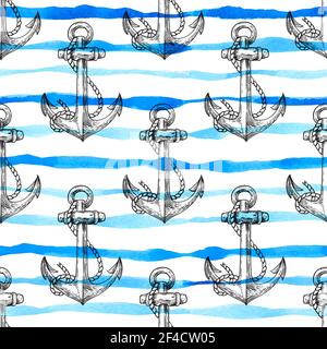 Marine seamless pattern with anchors and blue watercolor lines. Hand drawn vector background Stock Vector