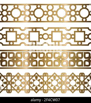 Set of golden oriental geometrical seamless borders. Decorative design elements. Vector illustration. Stock Vector