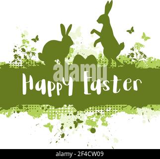 Easter green grunge background with silhouettes of two rabbits, grass and eggs. Easter egg hunt. Vector illustration Stock Vector