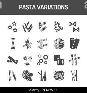 Original italian pasta variations black glyph icons set. Isolated vector element. Outline pictograms for web page, mobile app, promo. Stock Vector