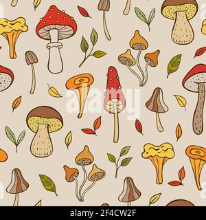 Autumn doodle seamless pattern with forest mushrooms and leaves. Hand drawn vector background Stock Vector